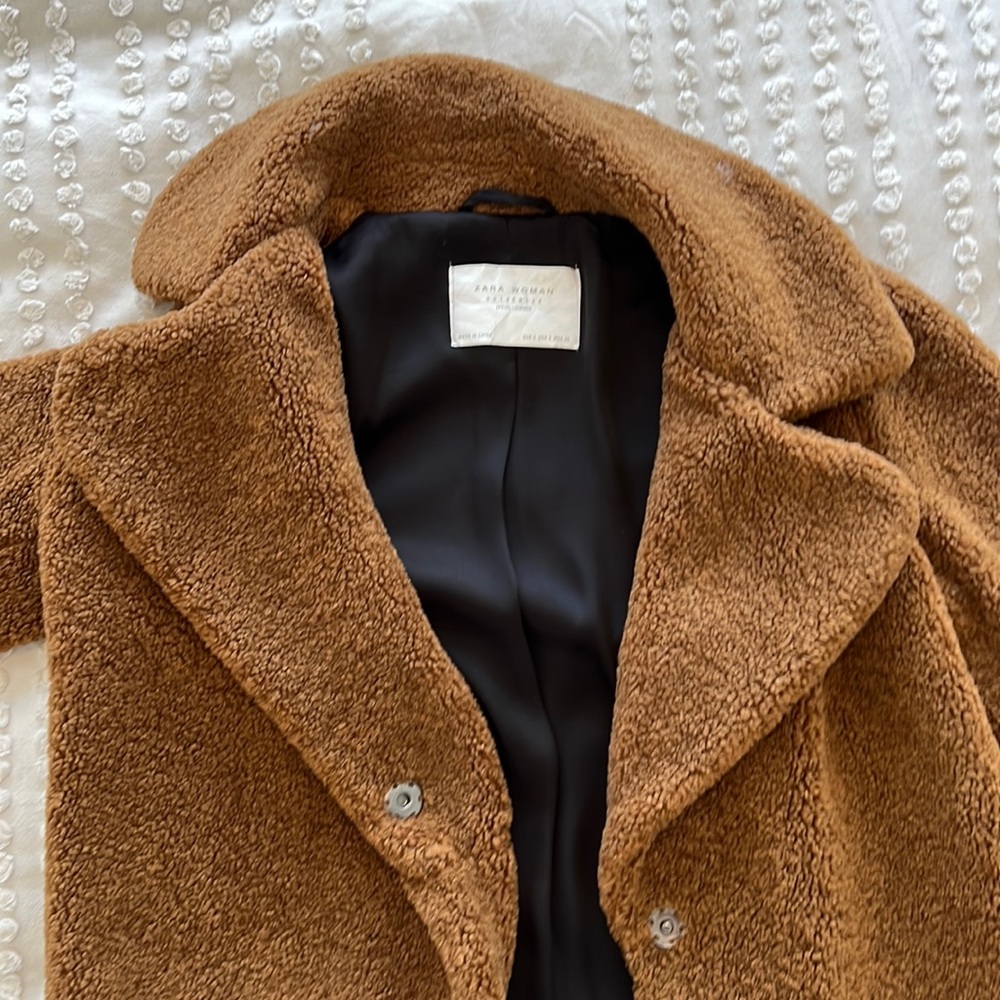 Dark Caramel Brown Women’s Long Teddy Coat Zara Size Small
